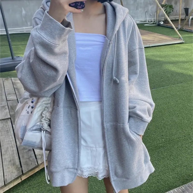 Grey Thin Zipper Sweatshirt Women's Spring Autumn Korean Style Loose Hooded Top Large - Image 7