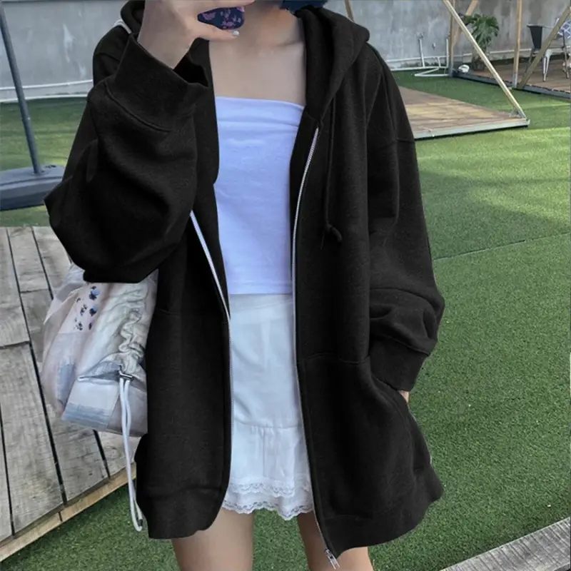 Grey Thin Zipper Sweatshirt Women's Spring Autumn Korean Style Loose Hooded Top Large - Image 8