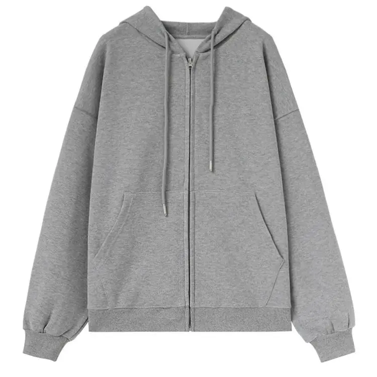 Grey Thin Zipper Sweatshirt Women's Spring Autumn Korean Style Loose Hooded Top Large - Image 9