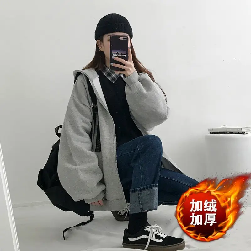 Grey Thin Zipper Sweatshirt Women's Spring Autumn Korean Style Loose Hooded Top Large - Image 3