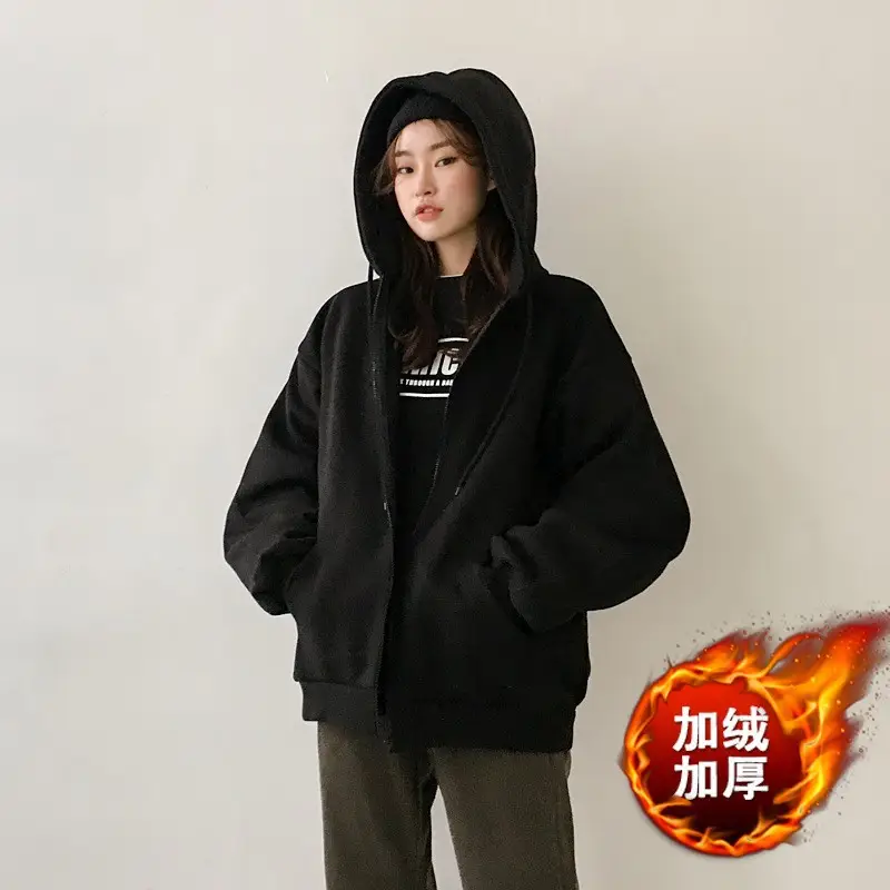 Grey Thin Zipper Sweatshirt Women's Spring Autumn Korean Style Loose Hooded Top Large - Image 4