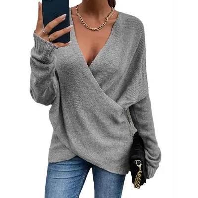Women's New Knit Outerwear V-Neck Grey 2024