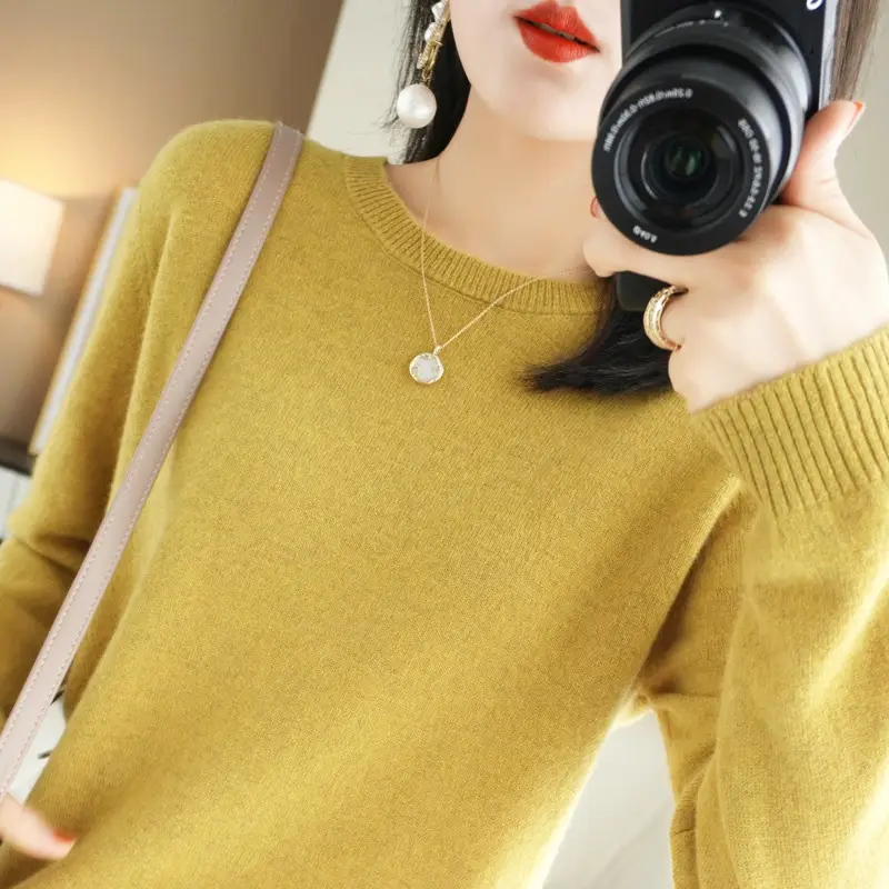 Women's Yellow Round Neck Sweater Large Size - Image 14
