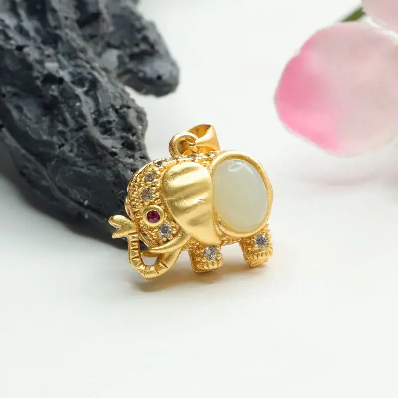 Guan Yu Jade Elephant Pendant Jewelry Gold White Jade Lucky Design - Image 3