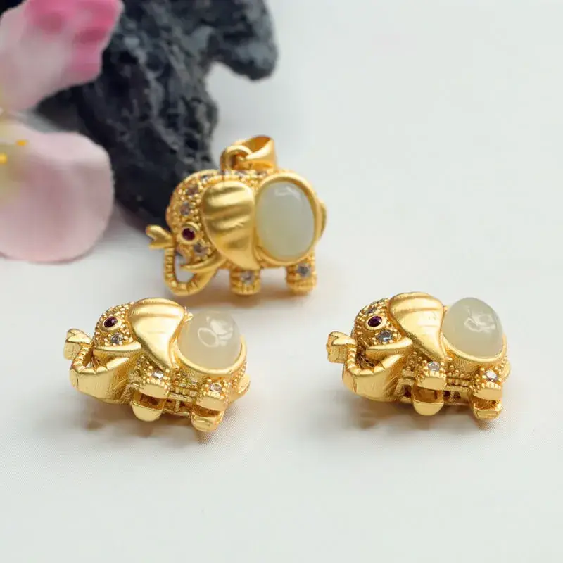 Guan Yu Jade Elephant Pendant Jewelry Gold White Jade Lucky Design - Image 5