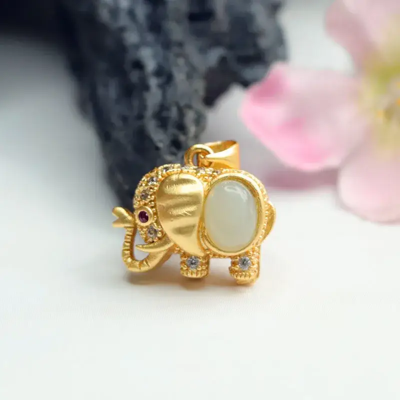 Guan Yu Jade Elephant Pendant Jewelry Gold White Jade Lucky Design — feature 7