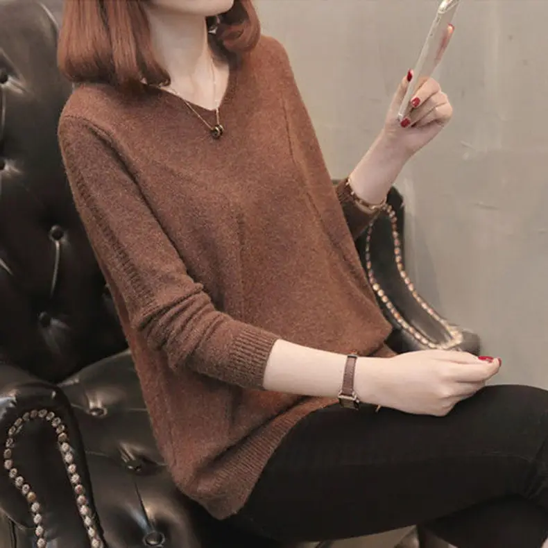 Women's V Neck Knit Pullover Long Sleeve Winter Top