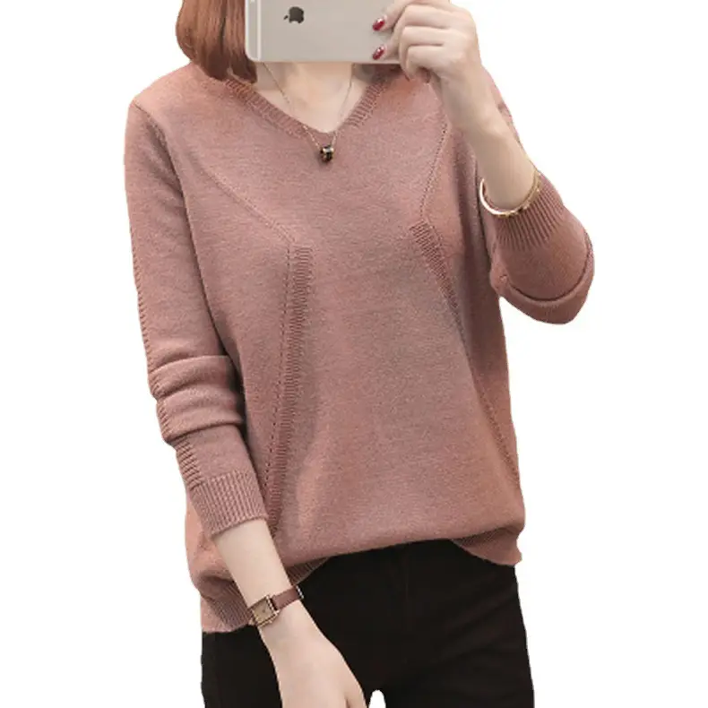 Women's V Neck Knit Pullover Long Sleeve Winter Top