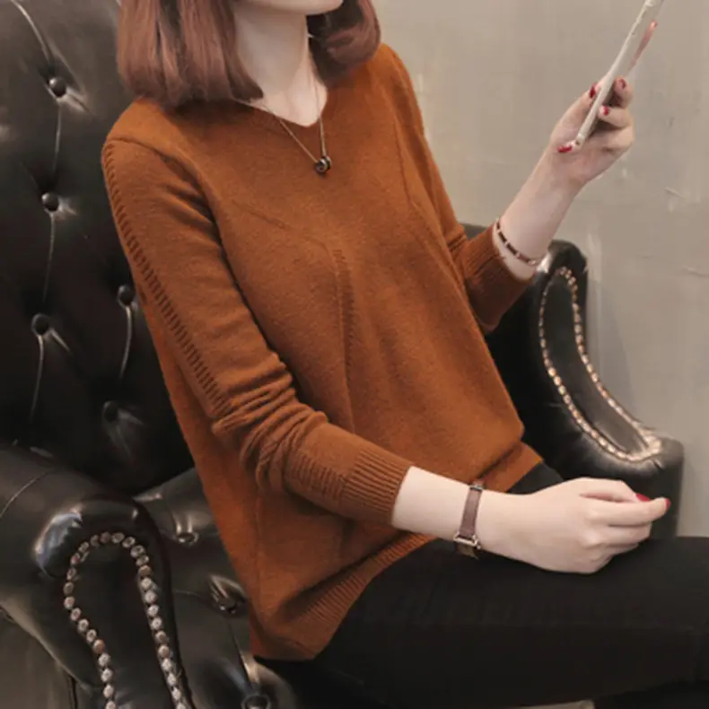 Women's V Neck Knit Pullover Long Sleeve Winter Top