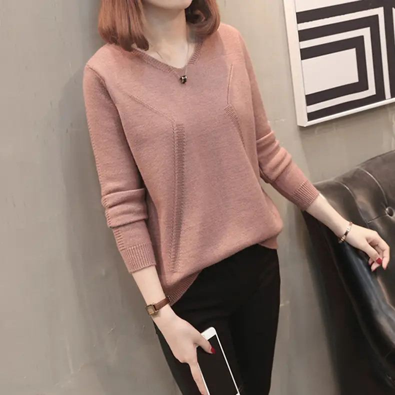 Women's V Neck Knit Pullover Long Sleeve Winter Top