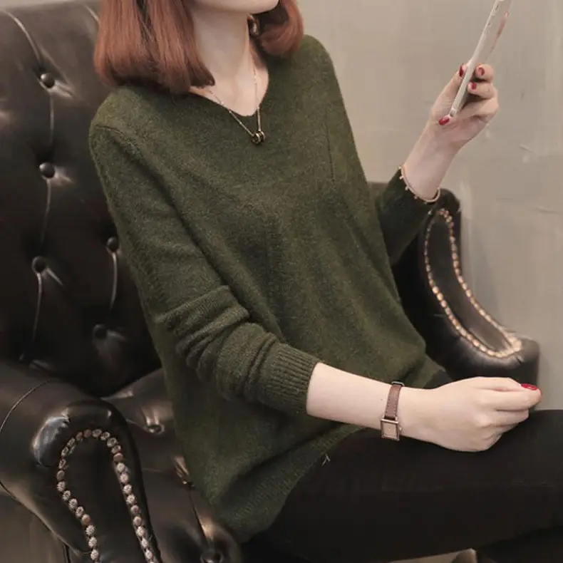 Women's V Neck Knit Pullover Long Sleeve Winter Top