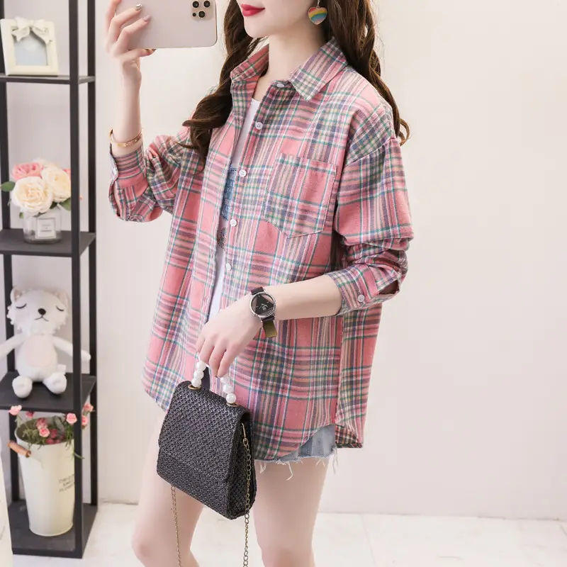 Women Plaid Long Sleeve Shirt Cotton Spring Autumn Loose Fit - Image 10