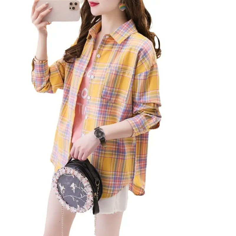 Women Plaid Long Sleeve Shirt Cotton Spring Autumn Loose Fit - Image 19