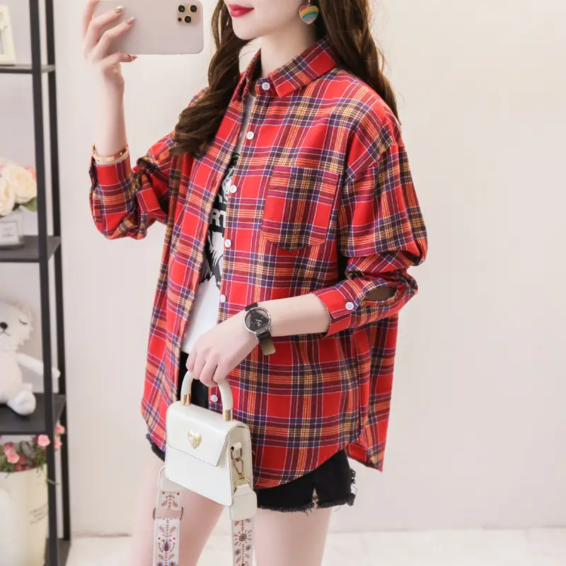 Women Plaid Long Sleeve Shirt Cotton Spring Autumn Loose Fit — feature 14