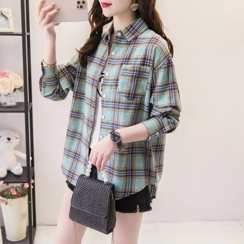 Women Plaid Long Sleeve Shirt Cotton Spring Autumn Loose Fit — feature 16
