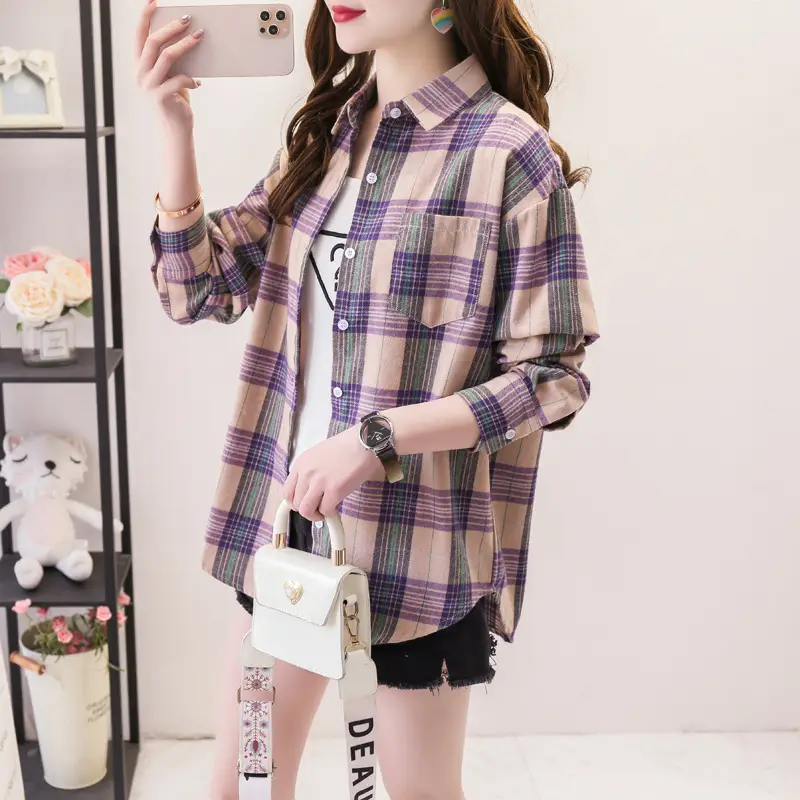 Women Plaid Long Sleeve Shirt Cotton Spring Autumn Loose Fit — feature 17
