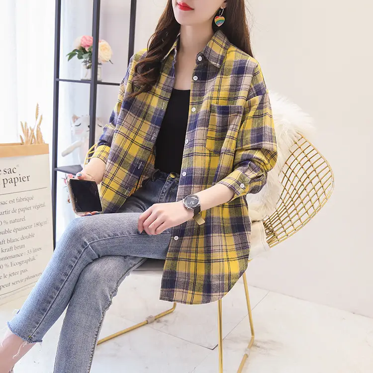 Women Plaid Long Sleeve Shirt Cotton Spring Autumn Loose Fit — feature 19