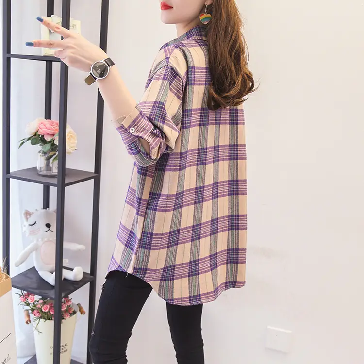 Women Plaid Long Sleeve Shirt Cotton Spring Autumn Loose Fit — feature 20