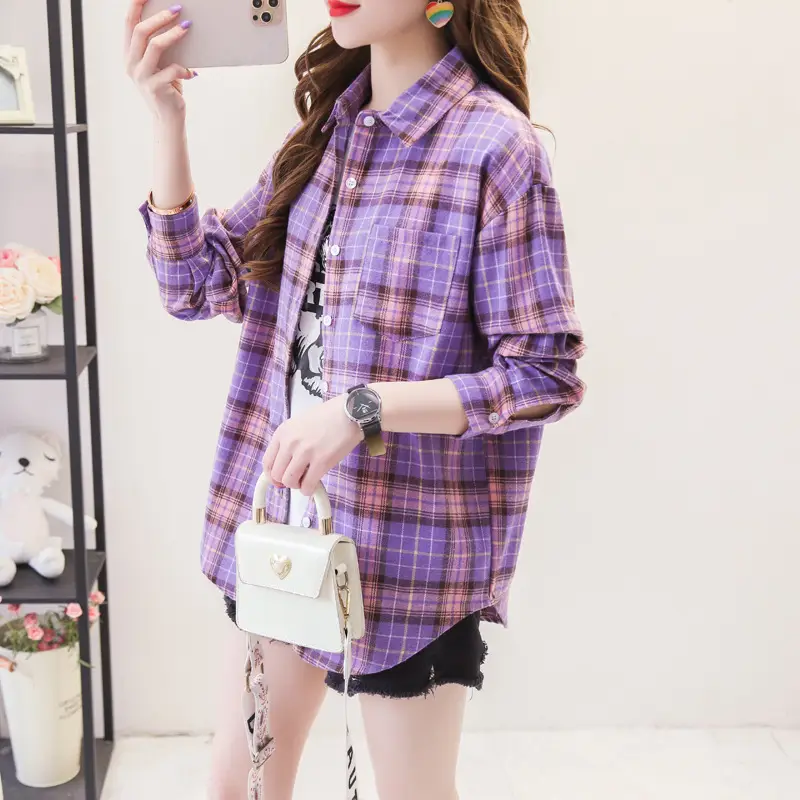 Women Plaid Long Sleeve Shirt Cotton Spring Autumn Loose Fit — feature 22