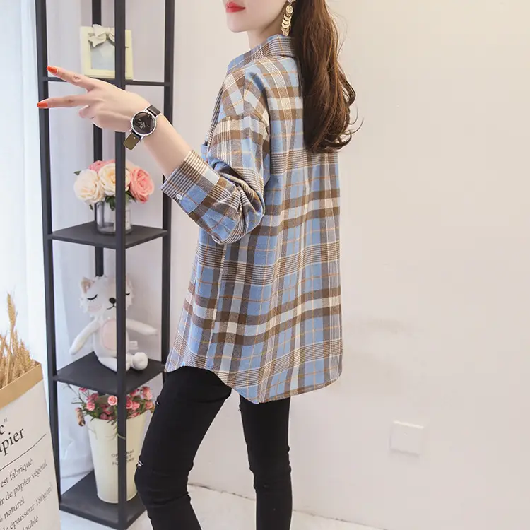 Women Plaid Long Sleeve Shirt Cotton Spring Autumn Loose Fit — feature 6