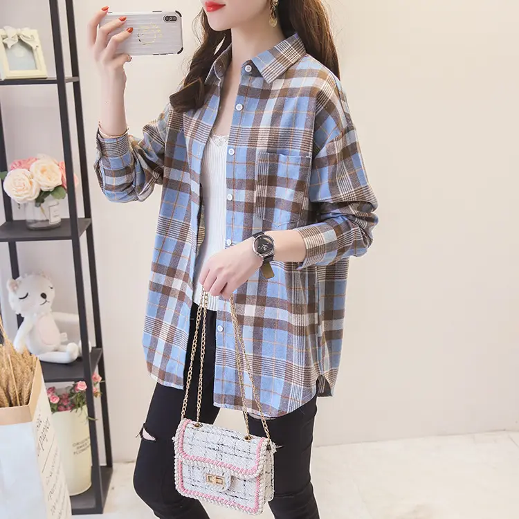 Women Plaid Long Sleeve Shirt Cotton Spring Autumn Loose Fit — feature 7