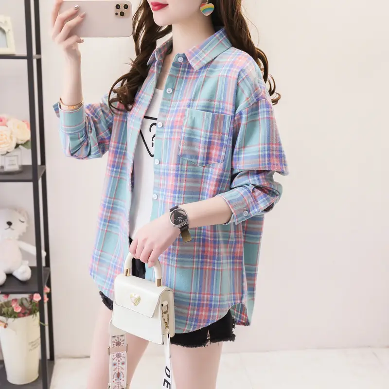 Women Plaid Long Sleeve Shirt Cotton Spring Autumn Loose Fit - Image 11