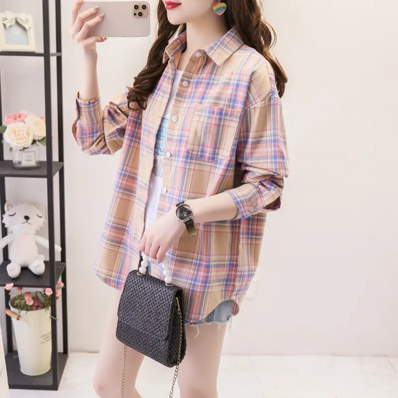 Women Plaid Long Sleeve Shirt Cotton Spring Autumn Loose Fit - Image 12