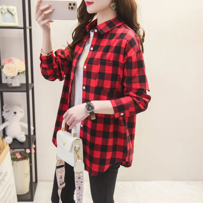 Women Plaid Long Sleeve Shirt Cotton Spring Autumn Loose Fit - Image 13