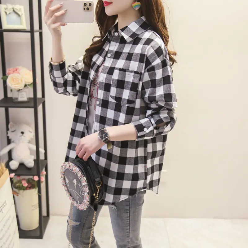 Women Plaid Long Sleeve Shirt Cotton Spring Autumn Loose Fit - Image 14
