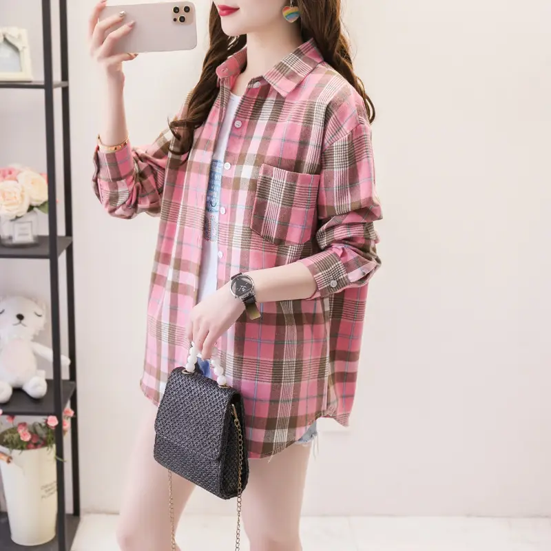 Women Plaid Long Sleeve Shirt Cotton Spring Autumn Loose Fit - Image 2