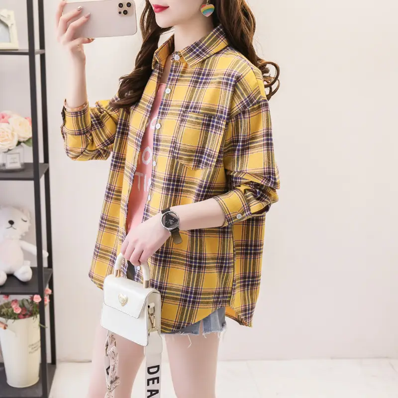 Women Plaid Long Sleeve Shirt Cotton Spring Autumn Loose Fit - Image 3