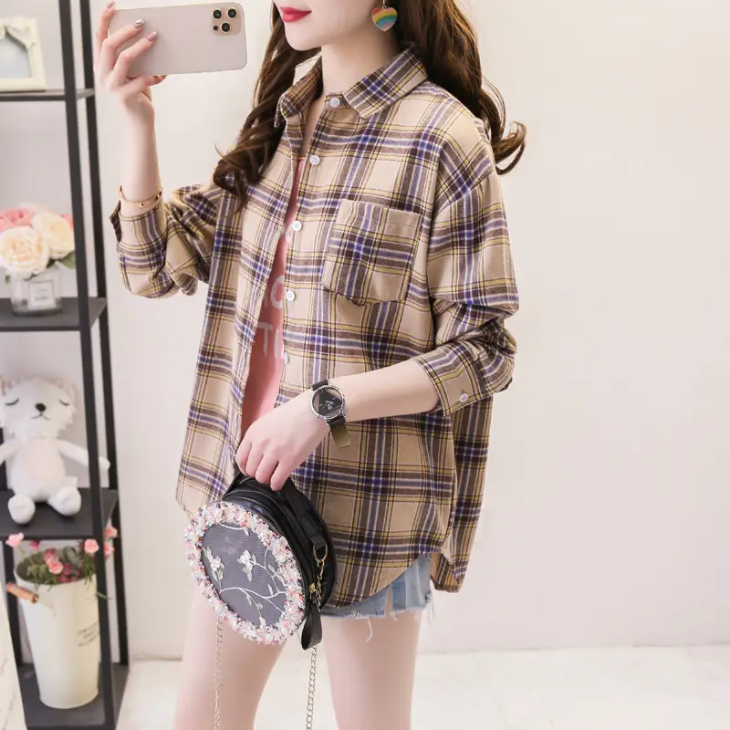 Women Plaid Long Sleeve Shirt Cotton Spring Autumn Loose Fit - Image 6