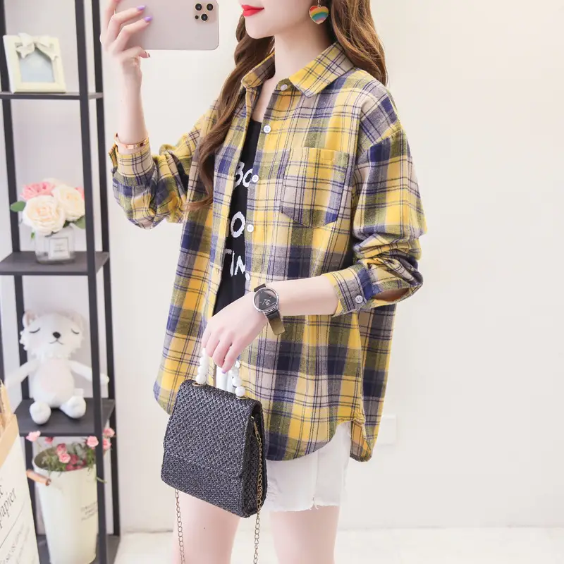Women Plaid Long Sleeve Shirt Cotton Spring Autumn Loose Fit - Image 7