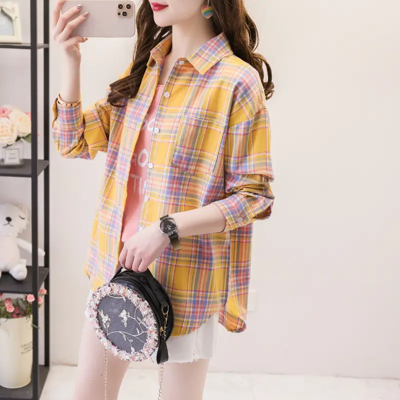 Women Plaid Long Sleeve Shirt Cotton Spring Autumn Loose Fit - Image 9