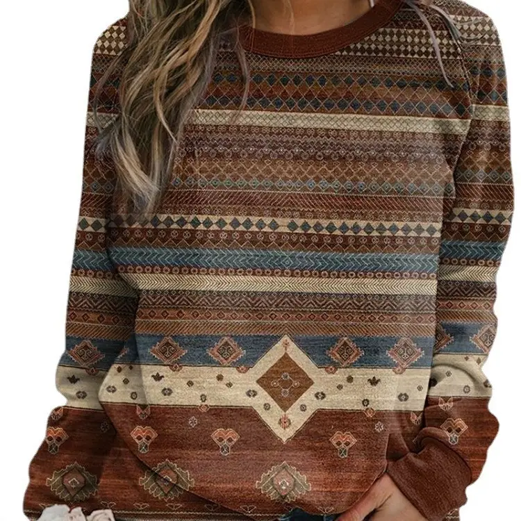 Women's Long Sleeve Patterned Sweater Brown Brown - Image 2