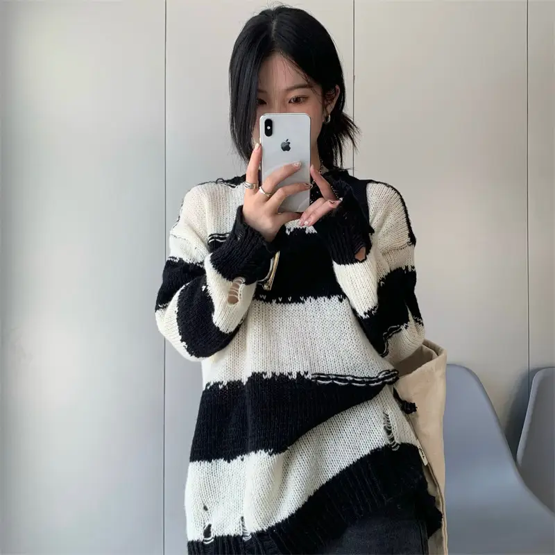 Women's New Lazy Striped Crewneck Sweater Black White - Image 4