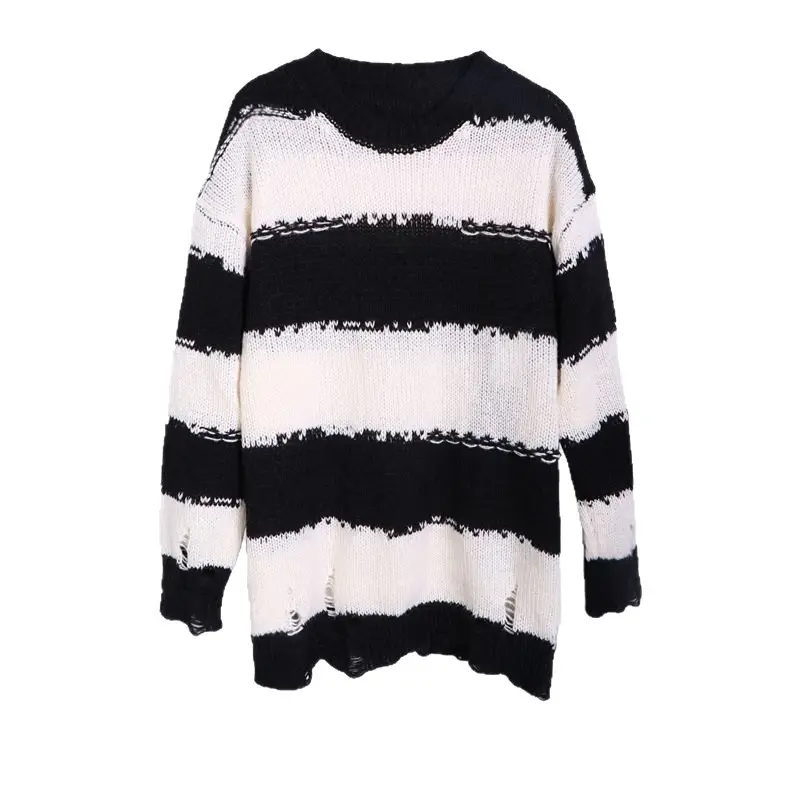 Women's New Lazy Striped Crewneck Sweater Black White - Image 5