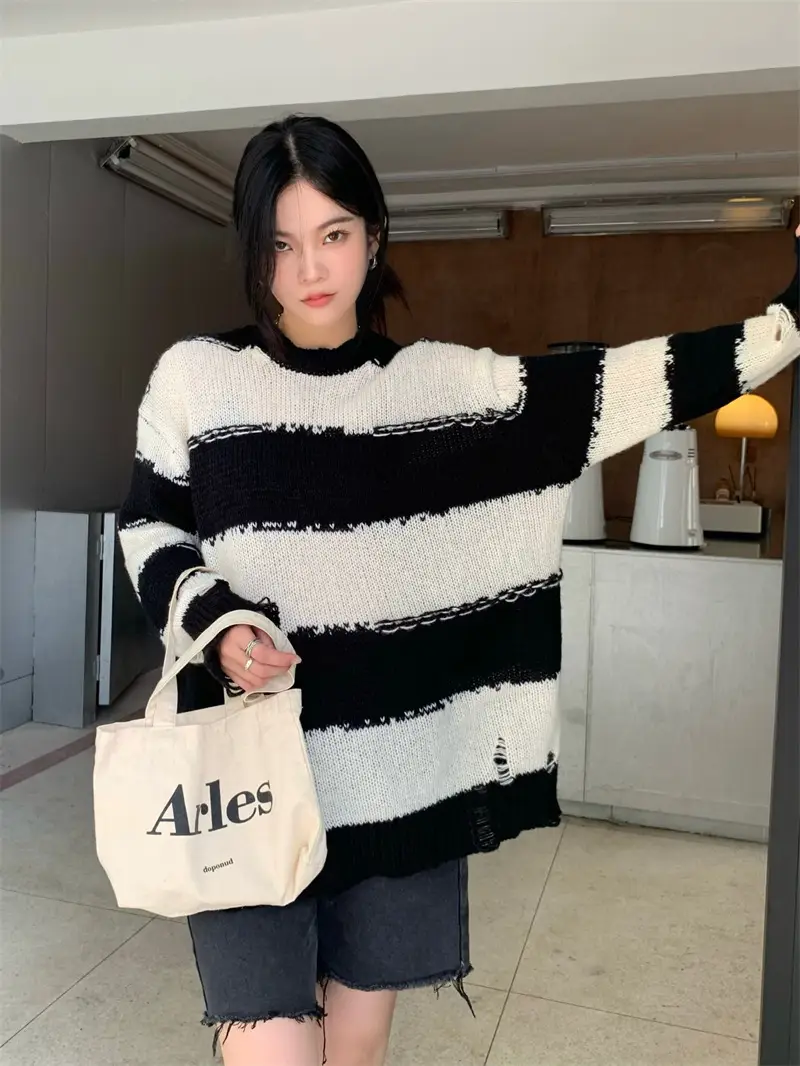 Women's New Lazy Striped Crewneck Sweater Black White — feature 7