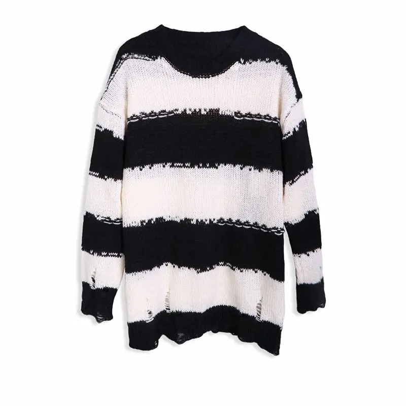 Women's New Lazy Striped Crewneck Sweater Black White - Image 2