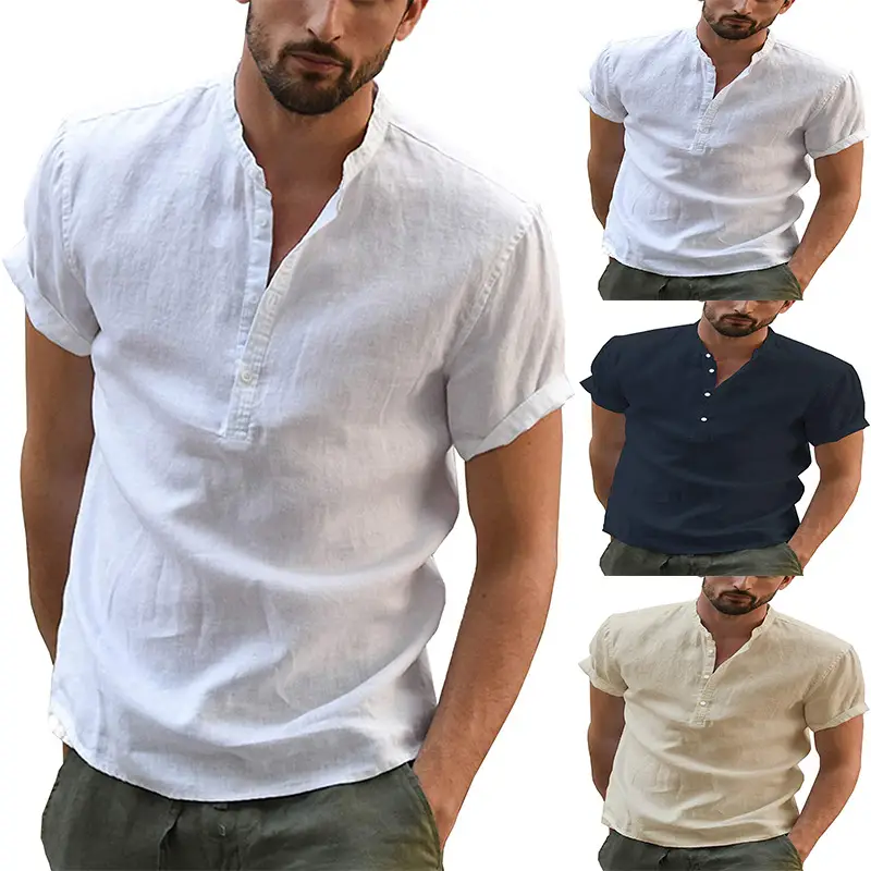 Men's White Cross-Border Shirt Pure Cotton Linen Fitted Collar - Image 2
