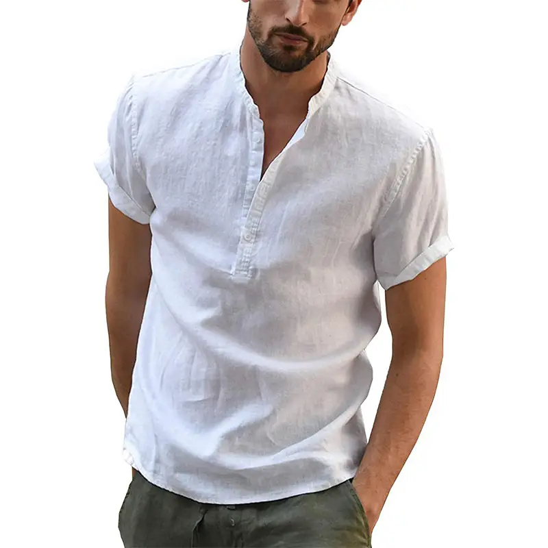 Men's White Cross-Border Shirt Pure Cotton Linen Fitted Collar - Image 3