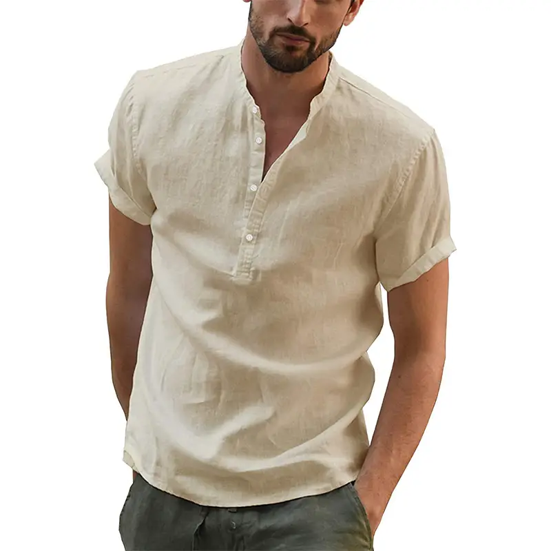 Men's White Cross-Border Shirt Pure Cotton Linen Fitted Collar - Image 5