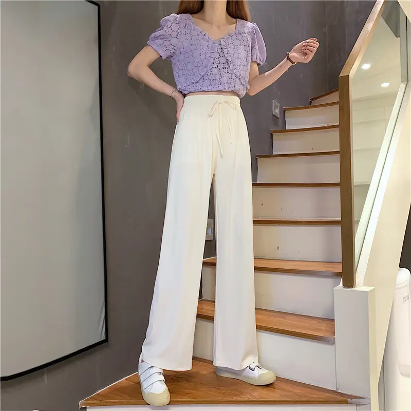 Women Blue Wide Leg Pants High Waist Loose Spring Autumn - Image 4