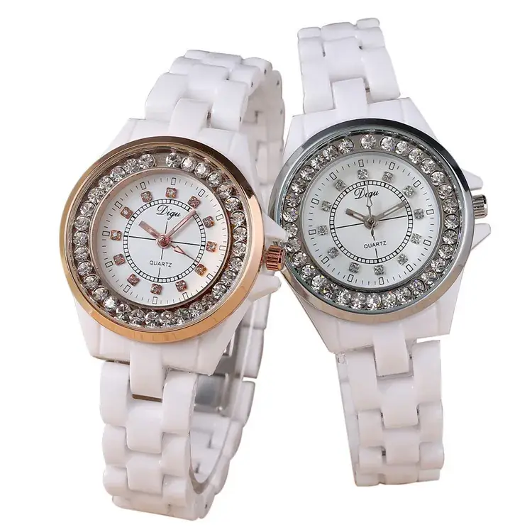 Classic White Ceramic Women's Quartz Watches with Crystal Dial
