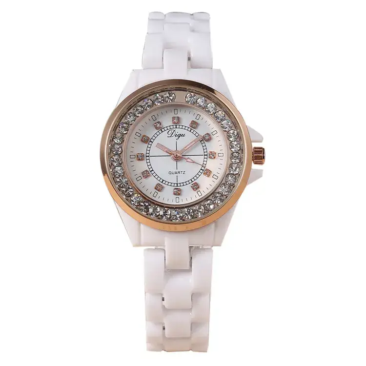 Classic White Ceramic Women's Quartz Watches with Crystal Dial