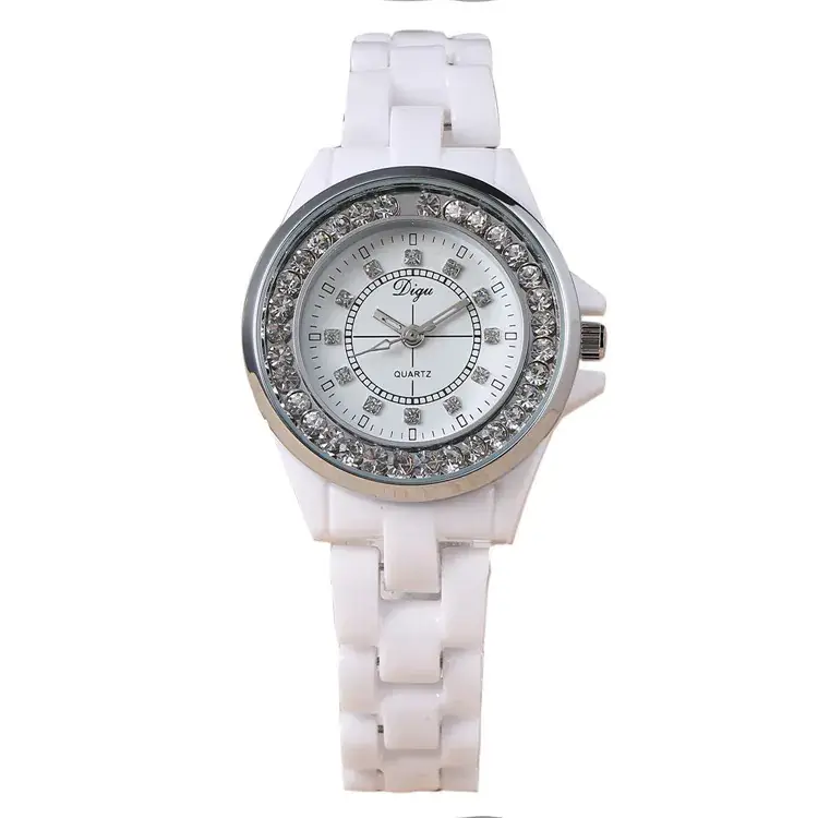 Classic White Ceramic Women's Quartz Watches with Crystal Dial
