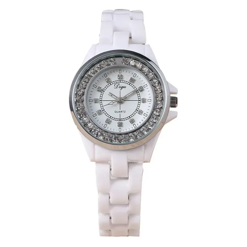 Classic White Ceramic Women's Quartz Watches with Crystal Dial