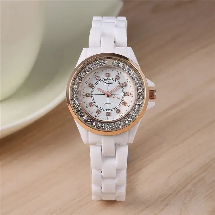 Classic White Ceramic Women's Quartz Watches with Crystal Dial