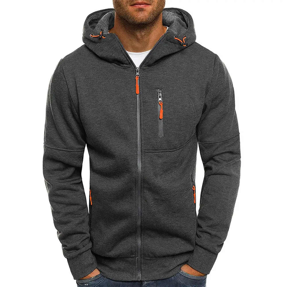 Men's Grey Hooded Full Zip Jacket with Orange Accents