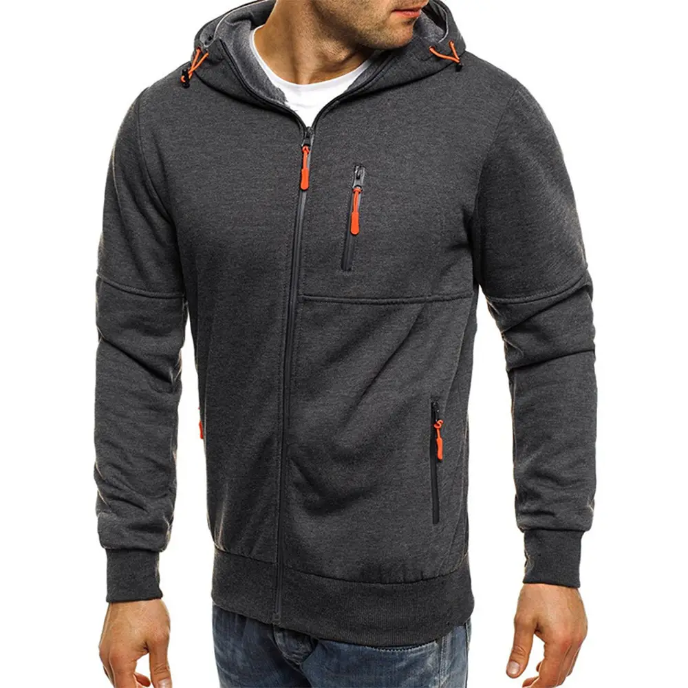 Men's Grey Hooded Full Zip Jacket with Orange Accents